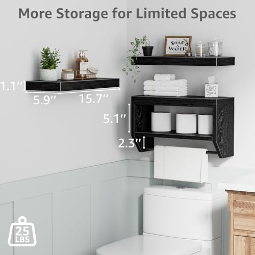 QEEIG Bathroom Floating Shelves for Wall - Shelf Over Toilet Paper Storage Farmhouse 16 inch Set of 3, Black (028-40B3) - color: Black