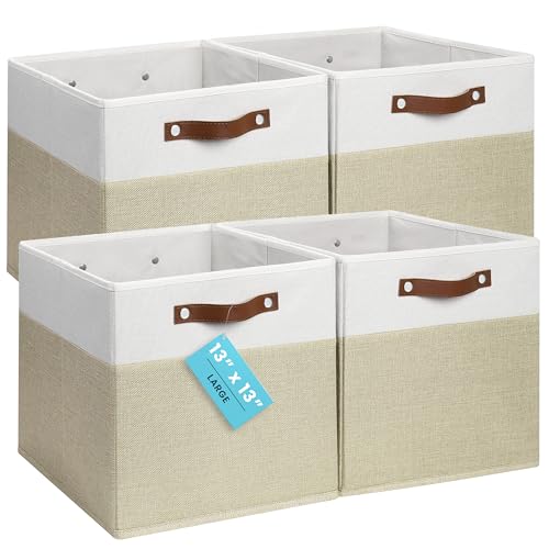 OrganiHaus 13" x 13" x 13" Cube Fabric Storage Bins Set of 4, Fabric Storage Cubes w/ Vegan Handles, 13 inch Collapsible Bins for Clothes & Toy Organizer, 13x13 Basket for Decor - Beige/White - color: Beige Base / Off-White, size: (13x13) Leather Handles