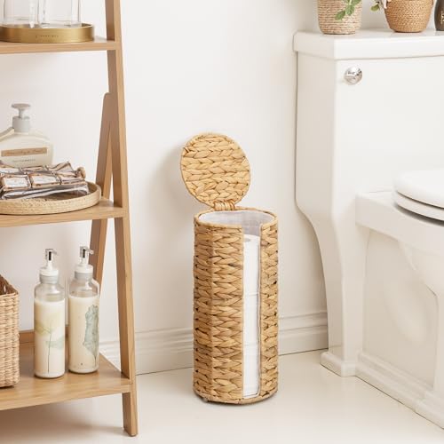 StorageWorks Water Hyacinth Free Standing Toilet Paper Holder Stand for Bathroom, 3 Rolls of Toilet Tissue Storage with a Built-in Cloth Lining, Toilet Roll Holder Stand with Lid - color: Natural（water Hyacinth）, size: 6¾"D(For 3 Roll)
