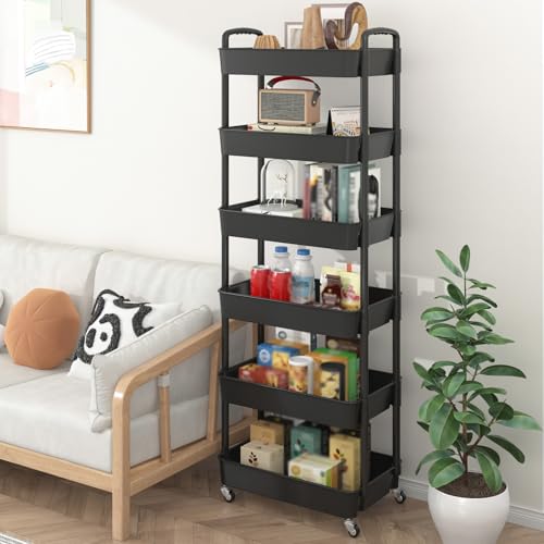 Sywhitta 6-Tier Plastic Rolling Utility Cart with Handle, Multi-Functional Storage Trolley for Office, Living Room, Kitchen, Movable Storage Organizer with Wheels, Black - color: Black, size: 6-tier