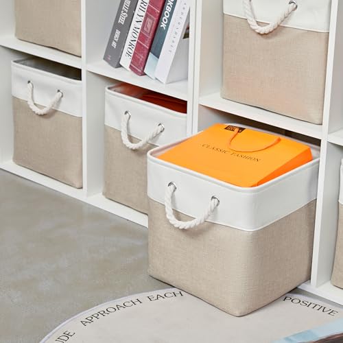 MidmmVick 12 x 12 Inch Cube Storage Bins, 6 Pack Large Collapsible Fabric Storage Bin with Ropes, Foldable Storage Cubes for Home, Office,Closet, Clothes, Toys Organizer (White & Beige) - color: White&Beige-12"x12"x12"