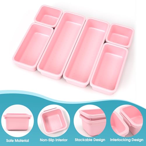 6 PCS Drawer Organizer Set, 3 Size Makeup Drawer Divider Organizer With Non-Slip Pads, Interlocking Plastic Storage Bins for Office,Jewelry Vanity,Gadgets, Bathroom,Kitchen, Pink - color: Pink, size: 6Pack