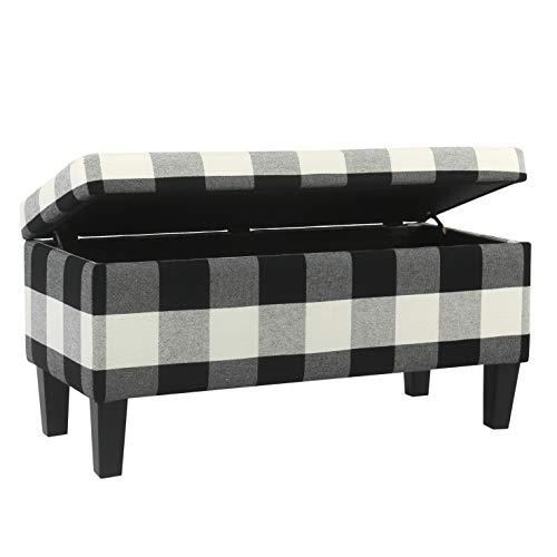 HomePop Large Upholstered Rectangular Storage Ottoman Bench with Hinged Lid, Black Buffalo Plaid - color: Black Plaid
