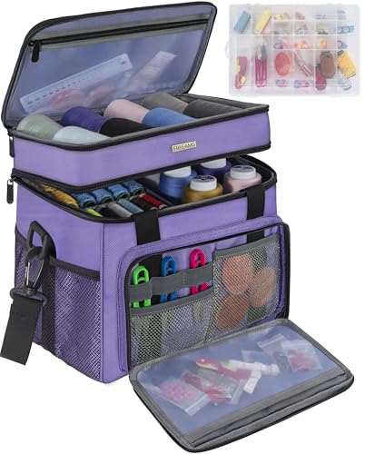 Sewing Storage Bag with Removable Tray Large Capacity Sewing Aaccessories Organizer Travel Sewing Case with Shoulder Strap Double-Layer Sewing Organizer Bag Purple (Bag Only) - color: Purple