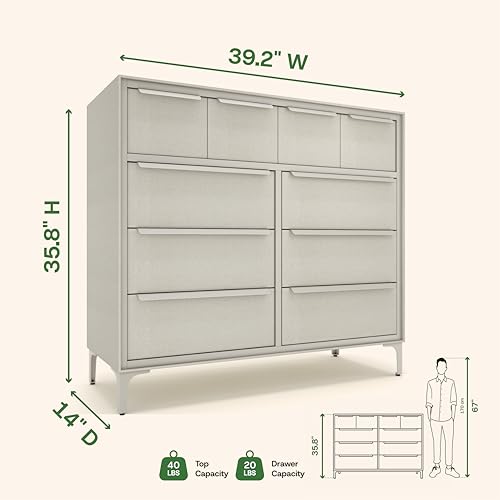 tinge Naima Premium Fabric Dresser - Strong Metal Frame, 10 Spacious Sag-Proof Drawers with Sleek Metal Handles - Premium & Durable Storage Solution for Your Home (Beige) - color: Creme Drop (Beige), size: 14"D x 39.2"W x 35.8"H (10 Drawers)