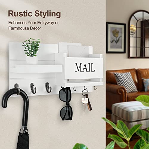 Lwenki Mail Organizer for Wall Mount – Key Holder with Shelf Includes Letter Holder and Hooks for Hallway Farmhouse Decor – Rustic Wood with Flush Mounting Hardware (16.5” x 9.1” x 3.4”) (White) - color: White