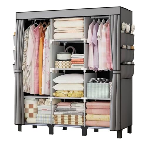 Portable Wardrobe, Easy Hanging Closet 6 Side Pockets Large Capacity Clothes Organizer Comes with 2 Hanging Poles and Shelves, Width 130cm, Depth 45cm, Height 172cm (Grey) - color: Grey