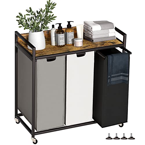 Herture Laundry Hampers with Shelf, Laundry Basket 3 Section, Laundry Sorter with Pull-Out Removable Large 3 Color Bags and Movable Wheels, Metal Frame, 3 x 15.87 Gallons (60L), Rustic Brown PF04XLN - color: Rustic Brown + 3-Color, size: 3 Bags-180 L