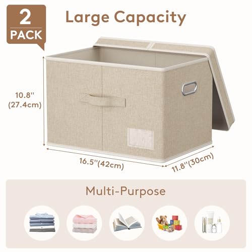 Lifewit Clothes Storage Bins with Lids, Fabric Foldable Storage Boxes with Handles, Decorative Closet Organizer, Stackable Cube Baskets Container for Bedroom, Office, 34.5L Large Beige, 2 Packs - size: Large