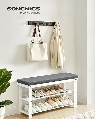 SONGMICS Bamboo Shoe Bench, 3-Tier Shoe Rack Organizer for Entryway, Living Room, Bench Seat Holds Up to 300 lb, 11.9 x 35.4 x 19.2 Inches, Cloud White and Slate Gray ULBS904W01 - color: Cloud White + Slate Gray, size: 35.4"W