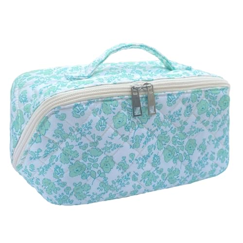 Green Large Quilted Floral Makeup Bag Cute Coquette Aesthetic Cosmetic Bag Open Flat Travel Toiletry Make up Bag for Women - color: C-lay flat green