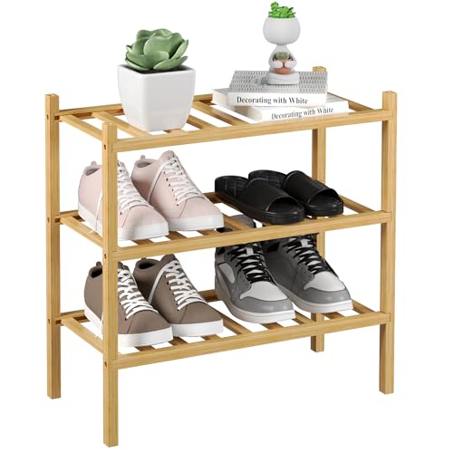 ROMGUAR CRAFT 3-Tier Bamboo Small Shoe Rack, Free Standing Wood Shoe Shelf Storage Organizer for Closet Entryway Stackable (Natural) - color: Natural, size: 3-Tier(Small)