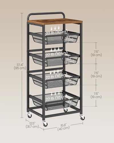 VASAGLE Storage Rolling Cart with Pull-Out Baskets, 5-Tier Utility Cart Orgnizer with Wheels for Laundry Room, Kitchen, Handle, 12.5 x 15.8 x 37.4 Inches, Rustic Brown and Ink Black ULRC041K01 - color: Rustic Brown + Ink Black, size: 5 Tiers