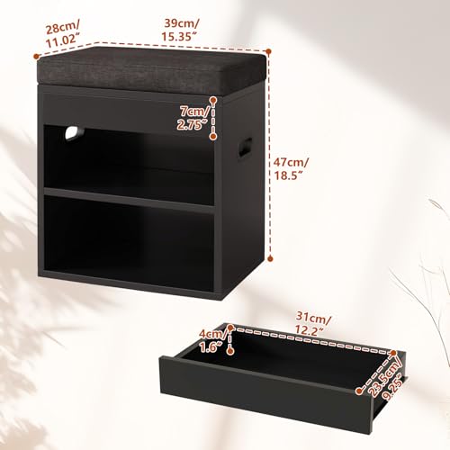 YMYNY Small Shoe Storage Bench with Cushion and Drawer, 2 Tier Adjustable Entryway Bench with Storage, Wooden Shoe Rack Bench for Entryway, Living Room, Hallway, Closet, Bedroom, Black, HSC002B - color: Black
