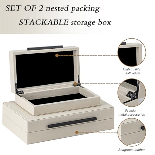 Set of 2 Beige Shagreen Decorative Storage Boxes with Black Metal Handles – Faux Leather Jewelry & Memory Boxes, Nesting Photo Organizers for Home Decor - color: Beige+Black Handles