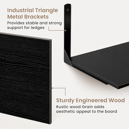 Fun Memories Floating Shelves for Wall, 12 Inch Deep Floating Shelves Set of 2, Wall Mounted Shelf with Metal Brackets, Rustic Wood Wide Shelf for Bathroom, Kitchen and Living Room, Black, 32W x 12D - color: Black- L Bracket, size: 31.5"W x 12"D