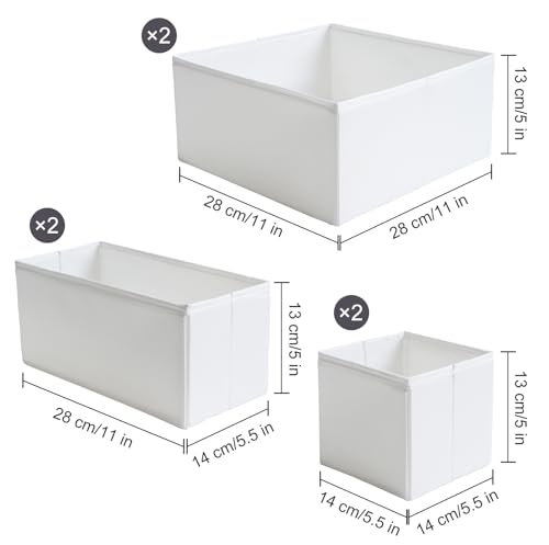 TYEERS Drawer Organizers, Durable Fabric, Washable, with Base Support Boards, Small Storage Boxes for Bathroom, Closet, Dresser, Set of 6, White - color: White, size: S+M+L (Set of 6)