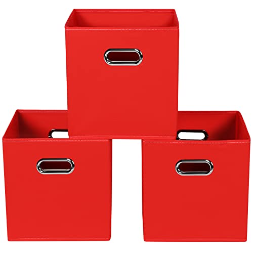 Fabric storage bins Cubes, Fabric Cube Organizer with Handle, Foldable Cube Bins for Cloth or Accessary Storage, 11x11x11, Set of 3, (Red) - color: Red, size: 3 Pack
