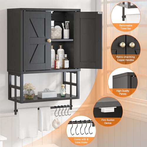 Farmhouse Medicine Cabinet - 3-Tier Wall Mounted Storage Organizer with Adjustable Shelves, Towel Bar, 5 Hooks for Small Bathroom, Laundry Room, Over Toilet, Living Room, Bedroom, Black - color: Black, size: 15.79 inches x 7.87 inches x 24.4 inches