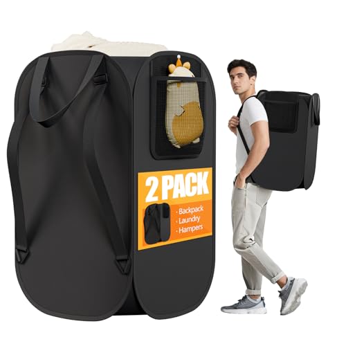2 Pack Collapsible Backpack Laundry Bag Made by Strong Polyester Oxford Cloth, 76L Heavy Duty Large Hamper with Adjustable Shoulder Strap, Foldable Basket with Mesh Pocket for Dorm, Travel, Apartment - color: Black-Backpack, size: 2-Pack