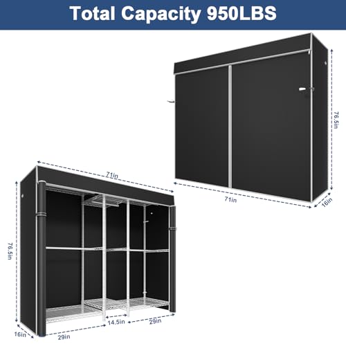 Ulif E12C Pro Heavy Duty Closet Organizer System，Freestanding Clothing Racks for Hanging Clothes，Adjustable Garment Rack 71"W x 16"D x 76.5"H Hold 960lbs，White Clothing Rack with Black Dustproof Cover - color: White Rack With Black Cover, size: E12C Pro