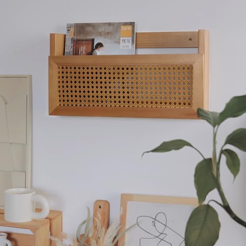 FRIADE Wall Magazine Rack with PE Rattan Grid,Size 17.3" x 4" x 9.4",File Holder For Entryway,Living Room,Waiting Room,Kids’ room,Office(Retro Brown)