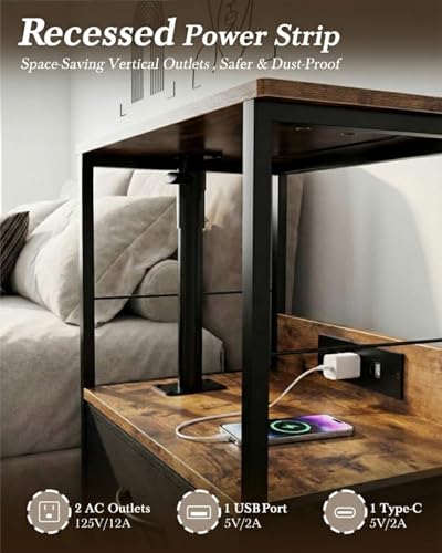 Faesun Swivel Lift Top Nightstand with Charging Station, Rolling Side Table for Recliner, Bedside Table with Wheels & 2 Fabric Drawers, for Small Spaces, for Bedroom, Living Room, Brown Black - color: Brown Black, size: 2 Drawers