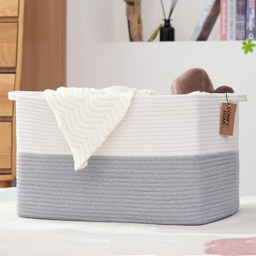 COMFY-HOMI Large Rectangle Laundry Storage Basket | Cotton Rope Woven, Organizing with Handle | Dirty Cloth & Baby Shower Basket | 22x15x12' - White/Grey - color: White/Grey, size: 22''x15''x12''