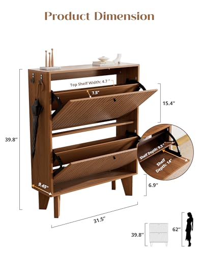 31.5" Shoe Cabinet Storage for Entryway with 2 Flip Drawers, Wood Fluted Narrow Shoe Cabinet for Hallway, Walnut - color: Fluted