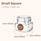 ComSaf Set of 6 Square Glass Jars with Airtight Wire Clamp Lids (17 Oz), Wide Mouth Pantry Canisters for Overnight Oats, Jam, Pickling, Spice Storage, Gifts - size: 17oz*6