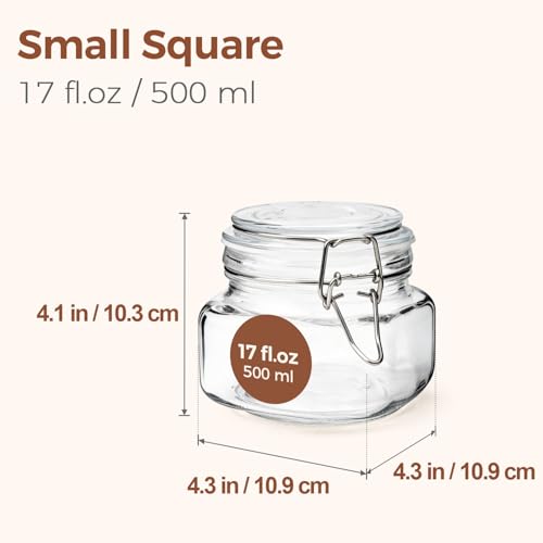 ComSaf Set of 6 Square Glass Jars with Airtight Wire Clamp Lids (17 Oz), Wide Mouth Pantry Canisters for Overnight Oats, Jam, Pickling, Spice Storage, Gifts - size: 17oz*6
