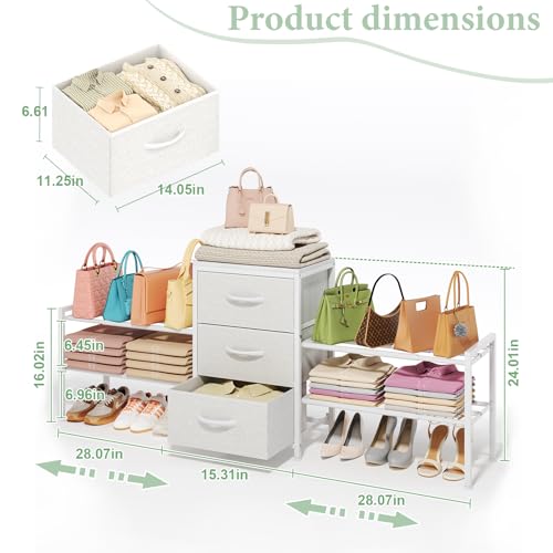 Cidaziya Expandable Closet Organizers and Storage,Wide Long 3 Drawer Dresser,White Fabric Storage Dresser, Clothes Shelves for Kids, Purse Organizer Small Shoe Rack for Closet Bedroom(47.24~71.47in) - size: 47.24~ 71.47"W*11.41"D * 24.01"H