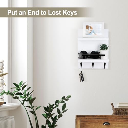 Key Holder Wall Mount, Mail Shelf Decor with 3 Key Hooks, Versatile Wood Wall Organizer for Entryway Hallway (8.2” x 10.6”x 3.6”) (White) - color: White
