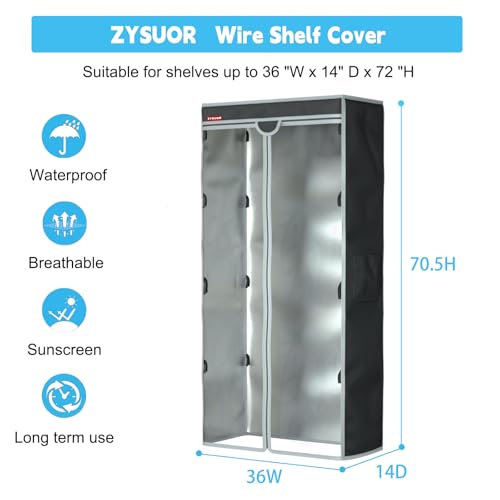 Rack & Shelf Cover for Storage Shelving, Waterproof & Dustproof Protector with Clear Zipper Front, Fits Wire Shelves 36" L x 14" D x 72" H (Cover Only) - size: 36"Wx14"Dx72"H
