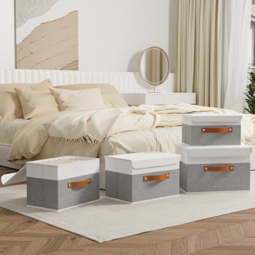 OUTBROS Large Collapsible Storage Basket with Lid, Linen Fabric Containers, Wardrobe Organiser For Towels, Clothes, 13 x 9.1 x 7.9 inch, White/Grey, 5-Pack - color: White/Grey, size: 13x9.1x7.9in(5-pack)