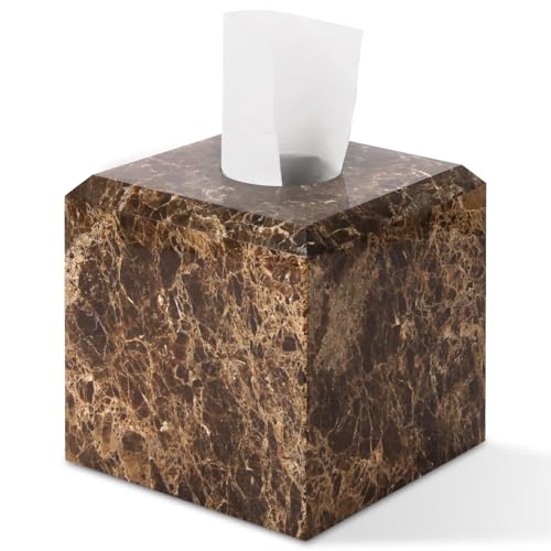 Natural Marble Square Tissue Box Cover,Stone Modern Decorative Sturdy Napkin Box Holder Case,Facial Paper Organizer for Bathroom Vanity Toilet Countertop,Kitchen (1, Dark Brown, 5.71 * 5.71 * 5.51) - color: Dark Brown