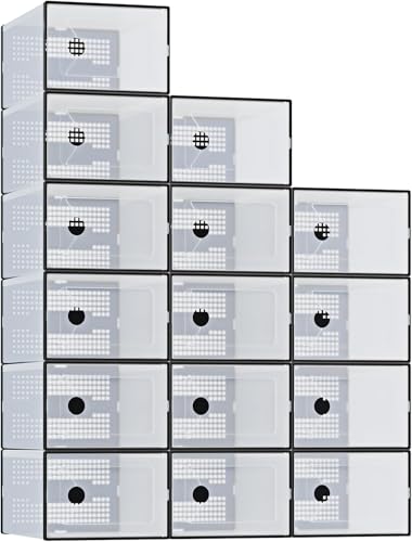 15 Pack Large Shoe Storage Boxes Organizers, Shoe Boxes Clear Plastic Stackable Shoe Containers with Lids, Foldable Space-Saving Storage Bins Shoe Cabinet, Fit up to Men's US 9/Women's US 10, White - color: Black, size: 15 Pack-XL