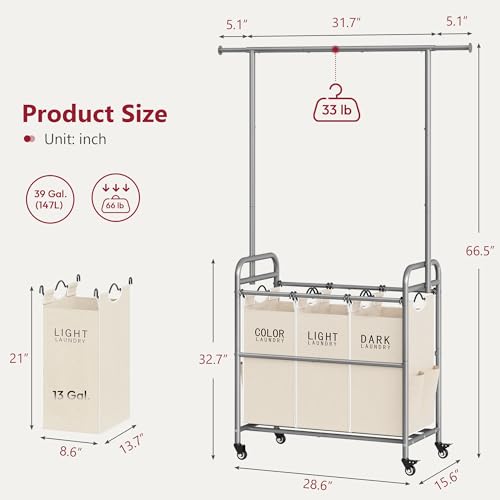 Tajsoon Laundry Hamper with Hanging Rack, 3 Section Laundry Sorter with Heavy Duty Lockable Wheels, Laundry Basket Organizer for Dirty Clothes Storage, 3 Beige - color: Beige, size: 3 bag
