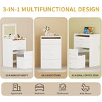 3 in 1 Makeup Vanity Desk with Flip Top Mirror and Lights, Glass Top Compact Vanity with Charging Station, 3 Drawers, Cushioned Stool for Bedroom Gift, White