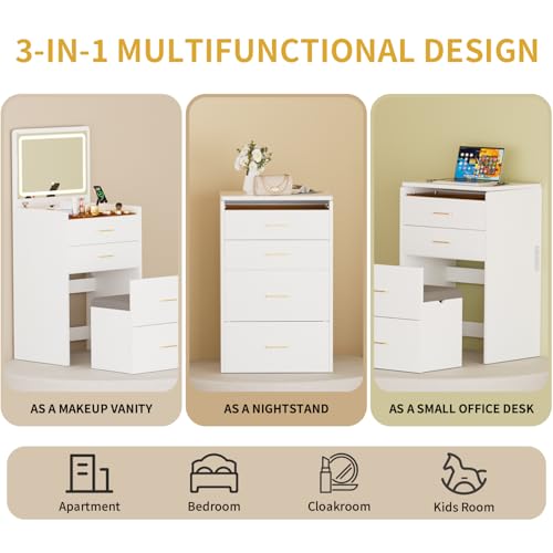 3 in 1 Makeup Vanity Desk with Flip Top Mirror and Lights, Glass Top Compact Vanity with Charging Station, 3 Drawers, Cushioned Stool for Bedroom Gift, White