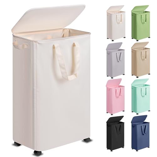 Vincona Slim Laundry Hamper with Lid and Wheels, Small Rolling Laundry Basket with Handle for Small Spaces, Tall Dirty Clothes Hampers for Dorm, Bathroom and Bedroom, 75L, Beige - color: Beige, size: 75L