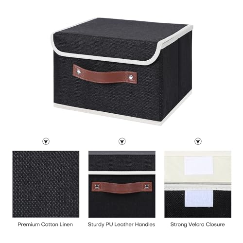 ANMINY 2PCS Storage Bins with Lid PU Leather Handles Storage Boxes PP Plastic Board Decorative Foldable Lidded Cotton Linen Fabric Home Cubes Baskets Closet Organizer Containers - Black, Small Size - color: Black, size: Small (Pack of 2)
