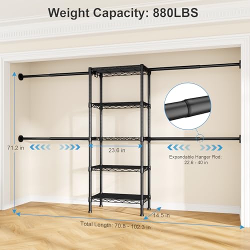 Ulif M2 Wall Mounted Closet System, Clothes Rack Mounted onto the Wall with 4 Expandable Hanger Rods and 5 Metal Shelves, Clothing Organizer Storage in (70.8-102.3)" L x 14.5" D x 71.2" H, Black - color: Black, size: M2