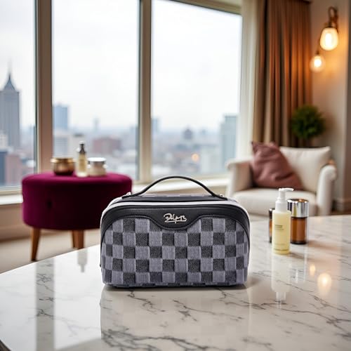 BOYATU Travel Makeup Bag for Women: Large Cosmetic Bag Set of 3 - PU Leather Make up Bag with Compartments - Compact Waterproof Toiletry Bag with Divider & Handle (D-2-Black) - color: D-2-Black