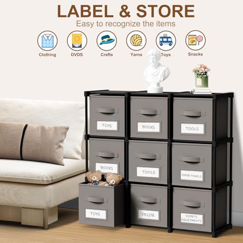 Geelin 9 Cube Storage Organizer with Fabric Bins and Labels 11 Inch, Fabric Collapsible Cubby Clothes Storage Drawer Dresser for Bedroom Living Room Office Organization - color: Gray