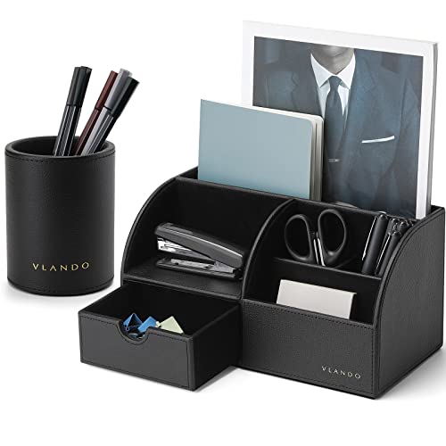 Vlando Office Desk Organizer Leather Desktop Organizer Caddy with Drawer for Storing Desktop Supplies and Accessories (Black Set) - color: B.Black Set