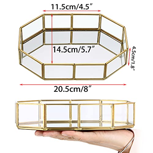 Hipiwe Mirror Glass Vanity Tray - Gold Ornate Makeup Tray Vintage Octagonal Perfume Tray Dresser Trays Jewelry Trinket Organizer for Bathroom Storage Trays for Home Decor - size: 8" x 5.7" x 1.8"