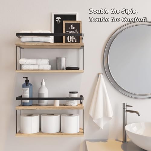RICHER HOUSE Dual-Level Guardrail Floating Shelves, Rustic Wood Shelf Wall Mounted, Over Toilet Paper Storage Shelf for Bathroom Wall Decor, Bathroom Organizers and Kitchen Storage - Rustic Wood - color: Rustic Wood, size: 2 in 1