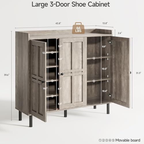 ONBRILL Shoe Cabinet with 3 Doors and Adjustable Shelves, 30 Pairs Shoe Storage Cabinet, 40 Inch Tall Farmhouse Shoe Rack Shoe Organizer Cabinet for Entryway Living Room Closet, Gray Wash - color: Gray Wash