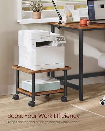 VASAGLE Printer Stand with Locking Wheels, Industrial Mobile Cart, Under Desk Printer Table for Home Office, 18.9 x 15.7 x 13.4 Inches, Storage Shelf, 2-Tier, Rustic Brown and Ink Black - color: Rustic Brown + Ink Black, size: 2 Tiers/Compact
